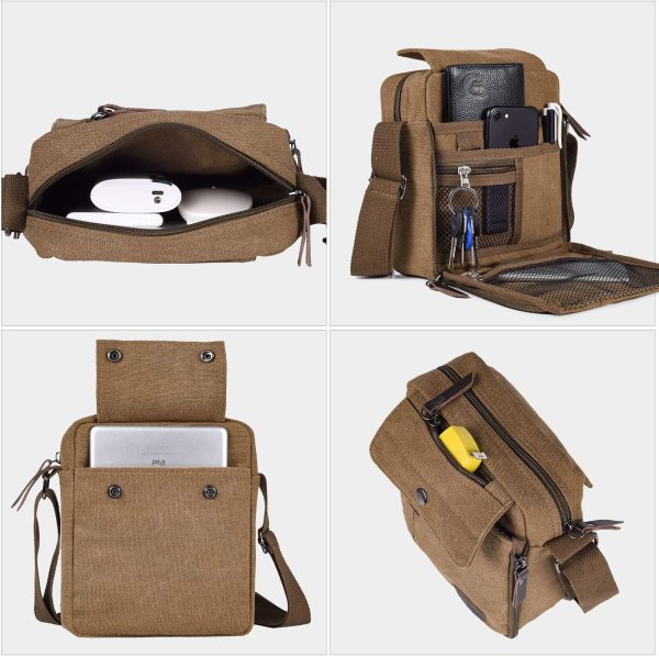 Brown messenger bag with multiple compartments for laptop and accessories.