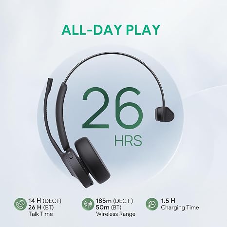 Wireless headset with noise-canceling mic, 26-hour talk time, and 50m Bluetooth range for Teams, Zoo.