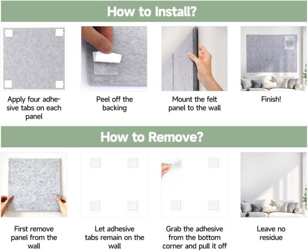 Step-by-step felt wall panel installation and removal instructions.