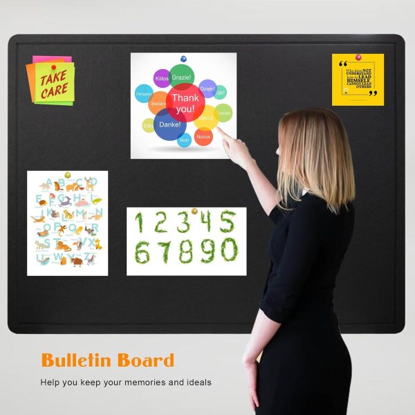 Black felt bulletin board with colorful notes and a woman pinning a paper.