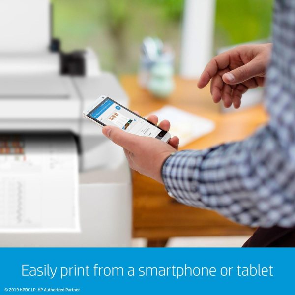 Person printing from smartphone using Lambock device in office setting.