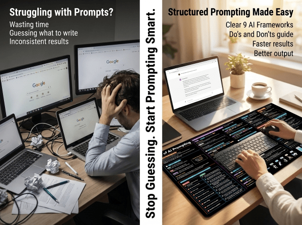 Desk mat with AI prompt frameworks for keyboard and mouse setup.