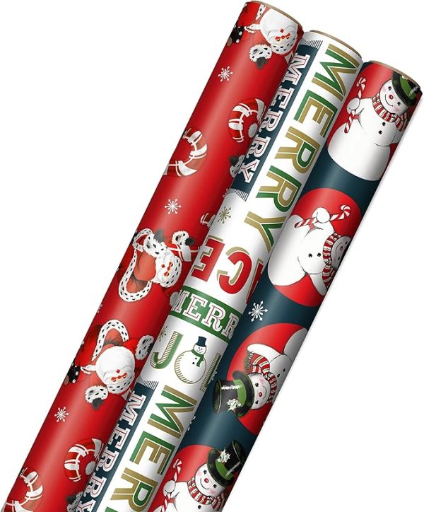 Holiday Gift Wrap Set – 120 Square Feet of Festive Christmas Wrapping Paper with Santa, Snowman, and Jolly Lettering