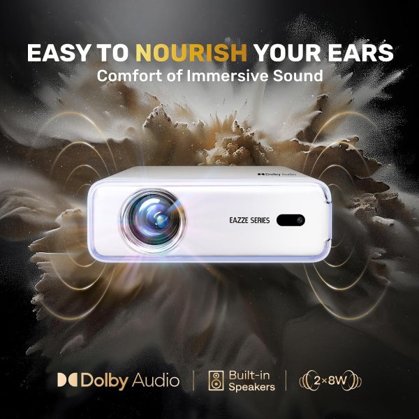 High-resolution portable projector with auto focus, Dolby audio, and 1080p native resolution for hom.