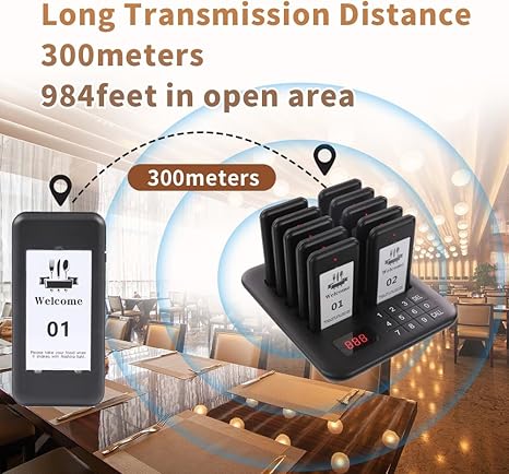 Wireless restaurant paging system for queue management with long-range alerts up to 300 meters. Rech.