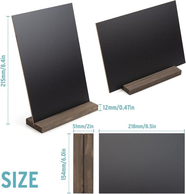 Small black chalkboard with wooden base for events and parties.