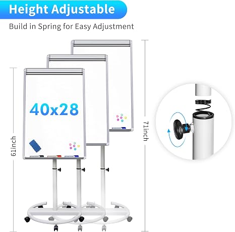 Adjustable mobile whiteboard with lockable casters, paper pad, and easy-wipe surface for office and.