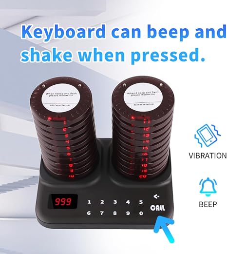 Wireless restaurant pager system with vibrating and beeping features for efficient queue management.