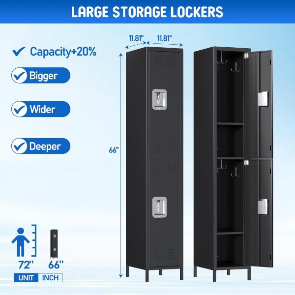 Lockable office locker with spacious compartments and hooks for storage.