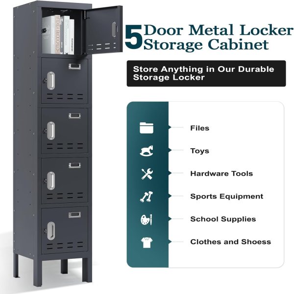 Durable 5-door steel locker for office, gym, school, or employee storage.