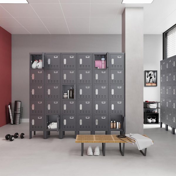 Multi-compartment steel lockers for office, gym, or school storage.