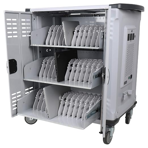 Premium Fully Assembled Heavy-Duty Smart Charge 42 Device Mobile Storage Cart w/3 External Outlets, 4 Point High Security, Up to 15.6″ Screen Size, 3 Pull-Out Shelves