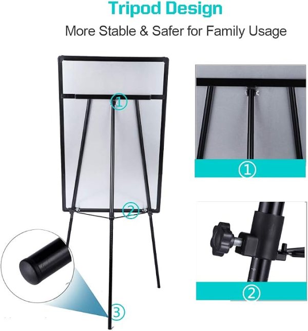 Whiteboard easel with adjustable height for presentations and meetings.