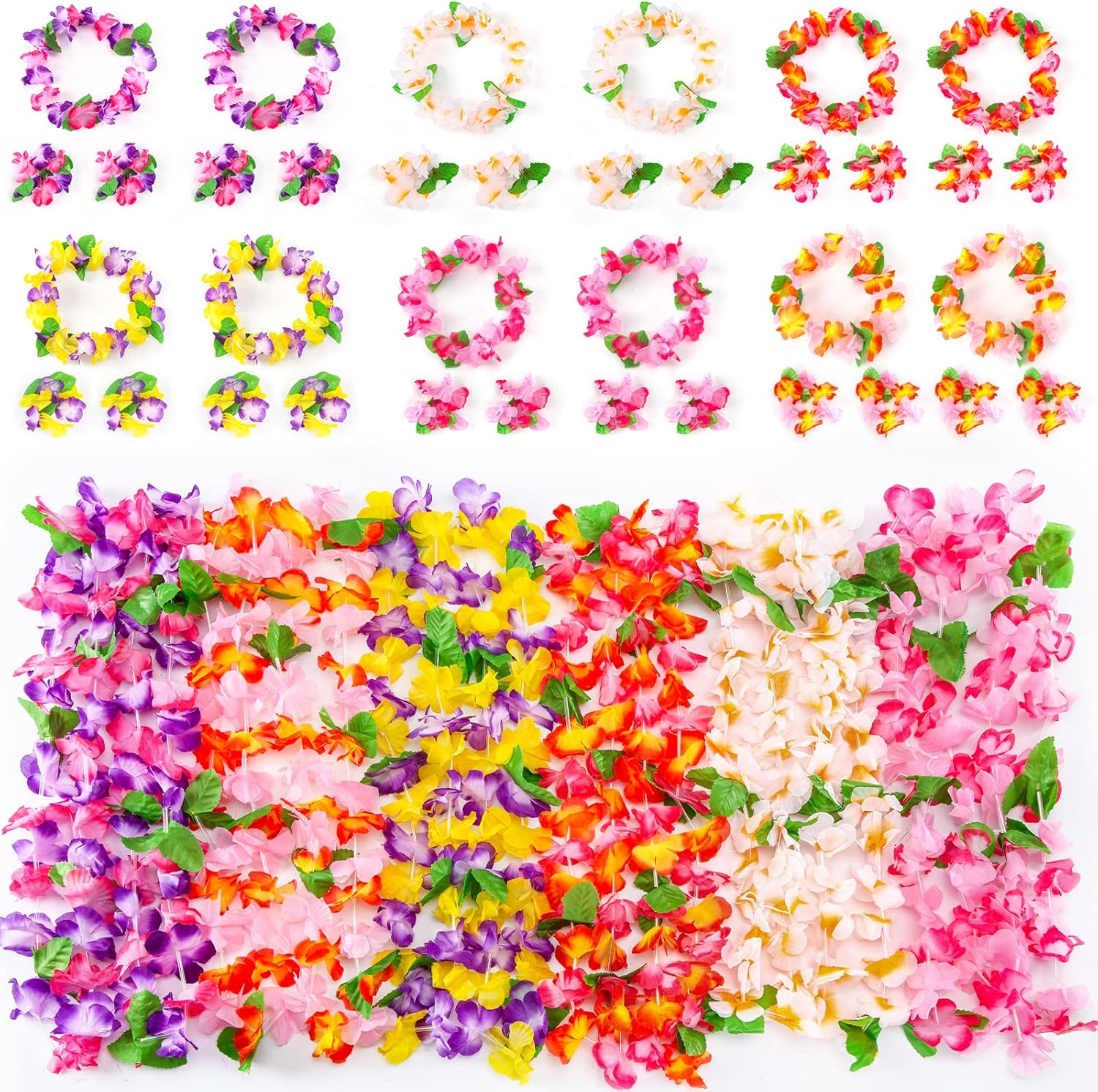 Tropical Leis Set – Hawaiian Flower Garlands for Luau, Beach Party, and Summer Events – Silk Floral Leis with Neck Garlands, Headbands, and Wristbands