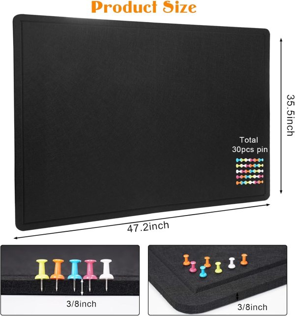 Black felt bulletin board with 30 colorful push pins for home or office use.