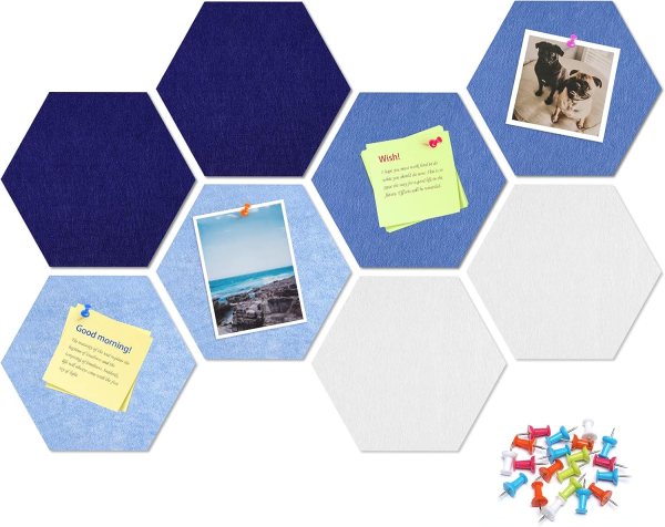 Decorative hexagon bulletin board with photos and notes for wall display.