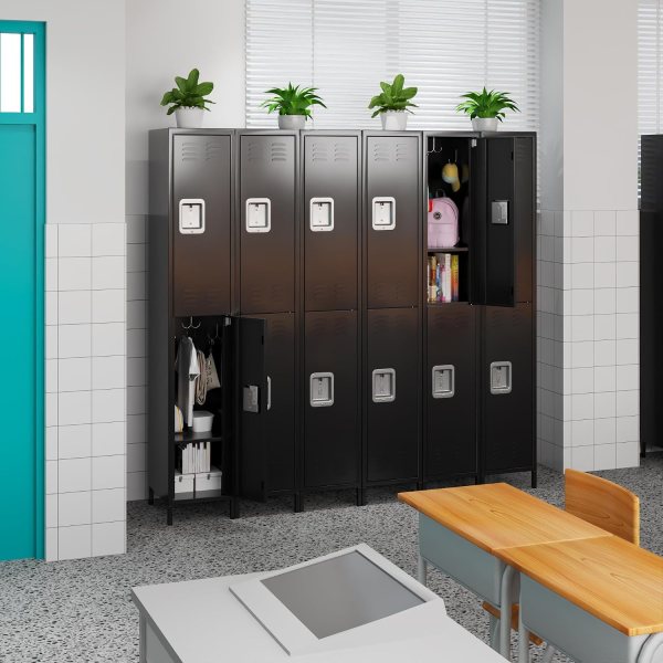 Secure black office lockers with spacious compartments and plants on top.