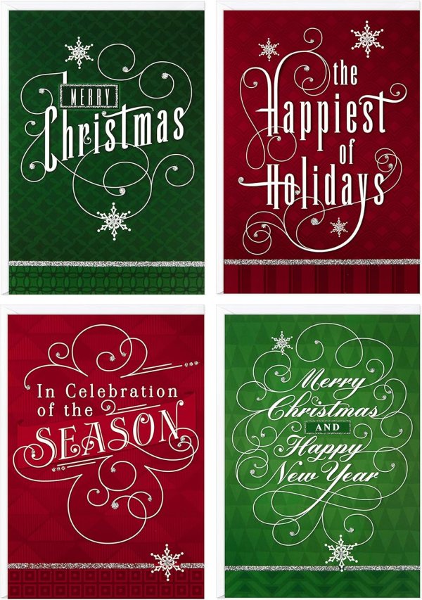 Christmas Greeting Cards Boxed Set – Festive Holiday Greetings with Glitter, 24 Cards & Envelopes