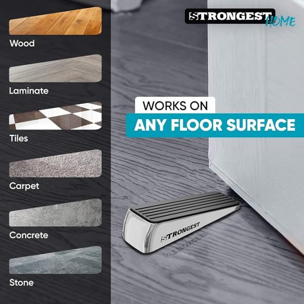 Heavy duty metal door stop with rubber grip, suitable for wood, laminate, tile, carpet, concrete, an.