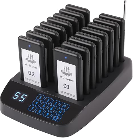 Restaurant Pager System – 16 Wireless Beepers with Touch Screen Keyboard for Customers, Vibration, Flash, Buzzer – Ideal for Restaurants, Food Trucks, Churches, Hotels, and Hospitals