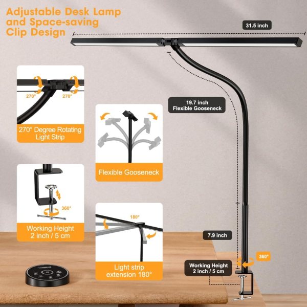 LED Desk Lamp with Double Head, Adjustable Clamp, and Remote Control for Home Office and Study.