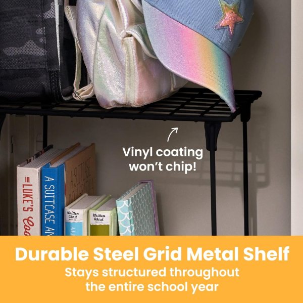 Black steel grid metal shelf with books and backpacks in a school locker.