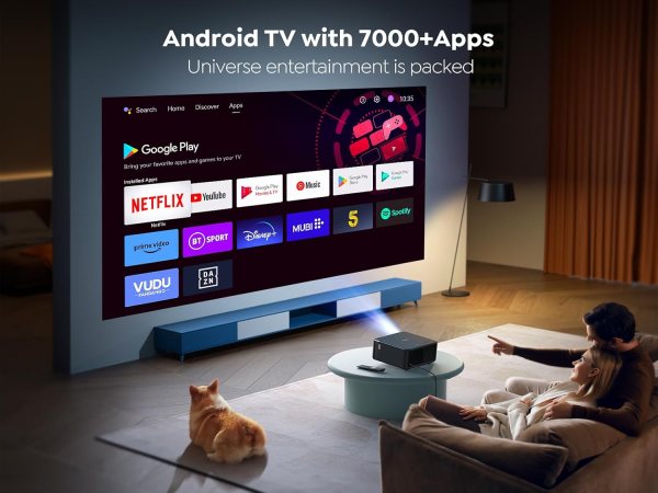 Bluetooth projector with JBL sound, 1080p HD display, Android TV, and Alexa voice control for smart.