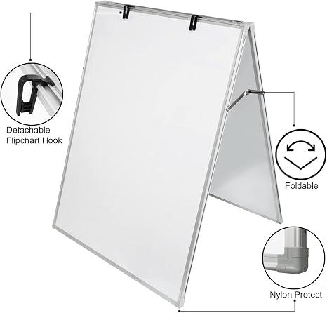 Portable double-sided whiteboard with adjustable stand and flipchart hooks for presentations.