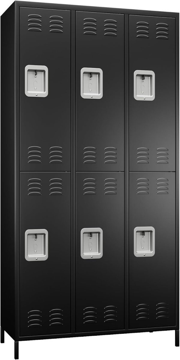 Black metal storage lockers with ventilation and lockable doors.