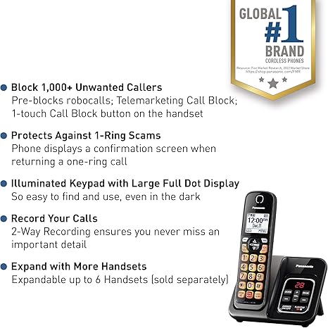Phone system with talking caller ID, robocall blocking, and voice commands for enhanced call control.