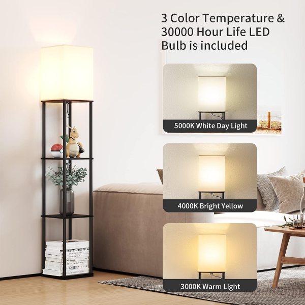 Dimmable LED floor lamp with storage, featuring 3 color temperatures for versatile lighting in livin.