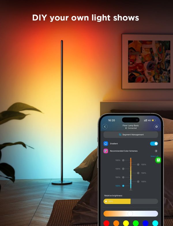 RGB smart floor lamp with voice control and customizable colors for modern living spaces.