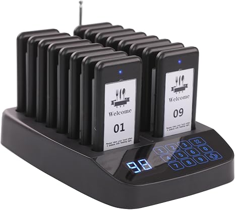 Wireless restaurant pager system with 16 beepers, touch screen keyboard, vibration, flash, and buzze.