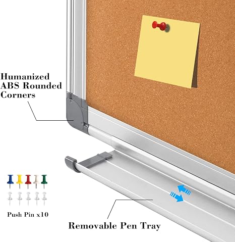 Magnetic cork board with push pins and removable pen tray for office or home.