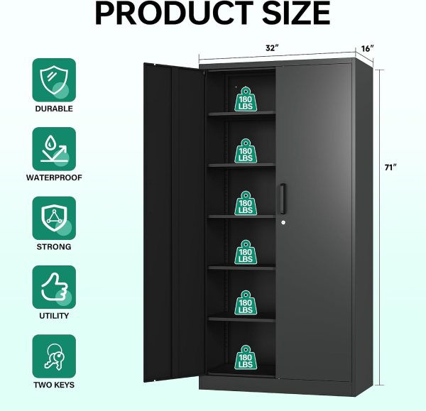 Durable, waterproof metal storage cabinet with adjustable shelves and lockable doors.