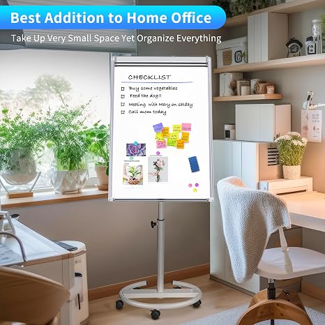 Portable whiteboard with paper pad, lockable casters, and easy-wipe surface for presentations and or.