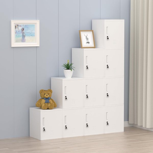 White metal storage lockers with adjustable shelves in a modern room.