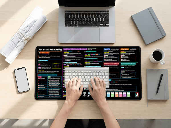 AI Prompts Desk Mat Extended Large Workspace Mouse Pad with Prompt Frameworks Guide for Keyboard and Mouse Setup