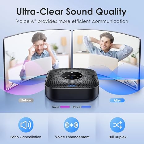 Conference speaker with noise reduction, AI mics, long battery life, and voice enhancement technolog.