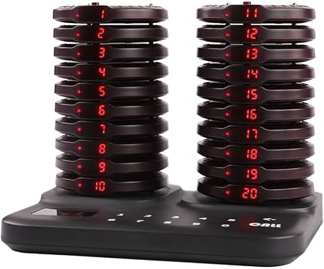 Wireless restaurant pager system with 20 coaster pagers for efficient queue management at food truck.