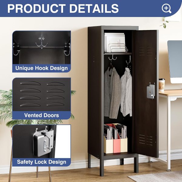 Modern steel storage locker with ventilation and safety lock.