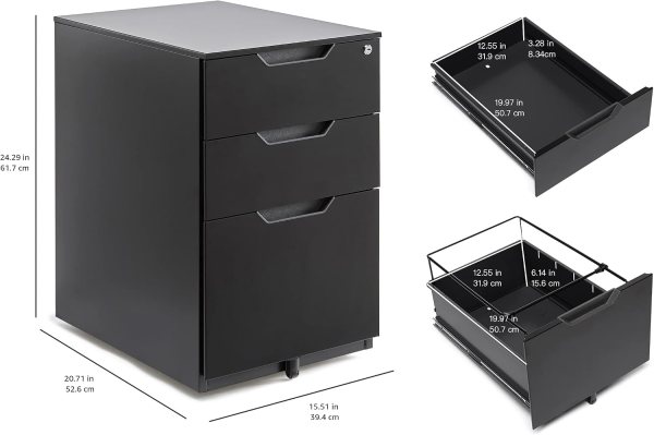 Mobile filing cabinet with 3 drawers, lockable storage, and rolling casters for office organization.