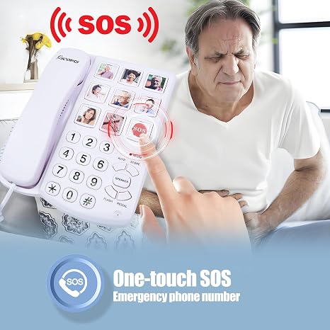 Senior landline phone with one-touch SOS emergency button for quick assistance and enhanced safety.