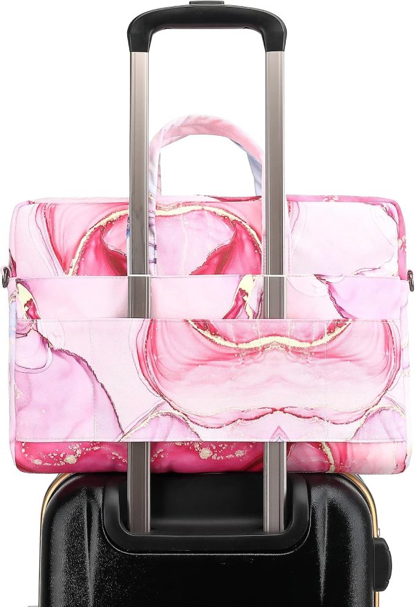 Pink marble pattern travel bag with handle and wheels for easy transport.