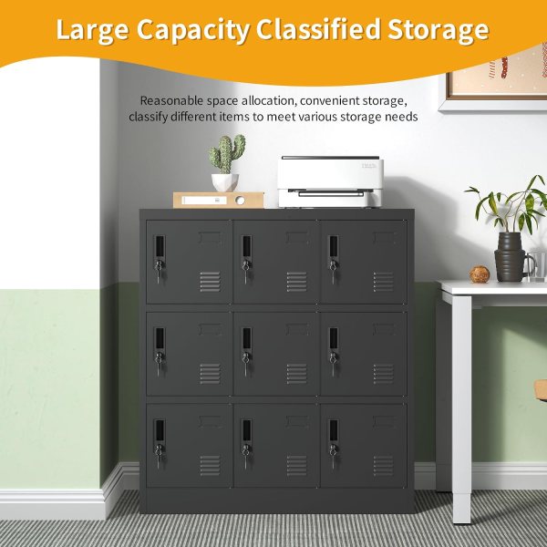Steel office locker with 9 doors for employee storage and organization.