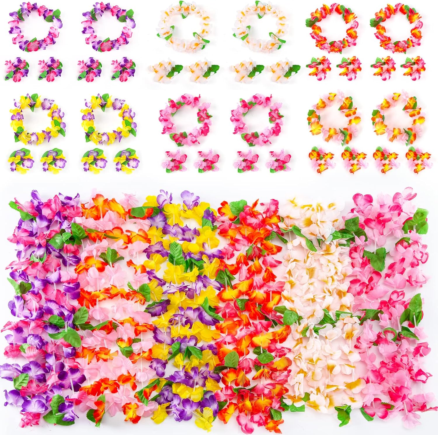 Tropical Leis Set – Hawaiian Flower Garlands for Luau, Beach Party, and Summer Events – Silk Floral Leis with Neck Garlands, Headbands, and Wristbands