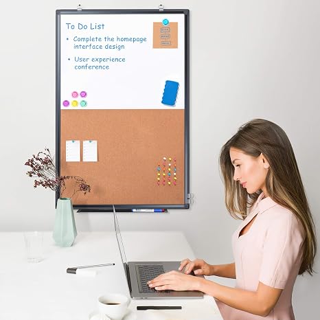 Combination magnetic whiteboard and cork board for office, classroom, or home use.