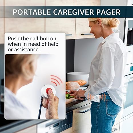 Wireless caregiver call button for elderly emergency assistance and nurse communication.