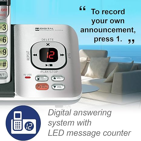 Digital answering system with LED message counter for clear call management.
