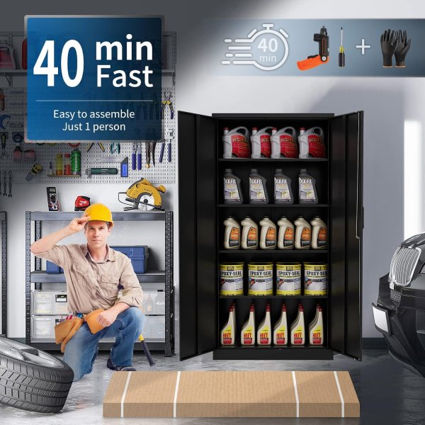 Durable black storage cabinet with adjustable shelves for garage or workshop.